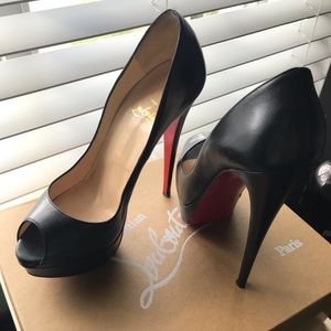 Christian Louboutin patent leather peep toe pumps